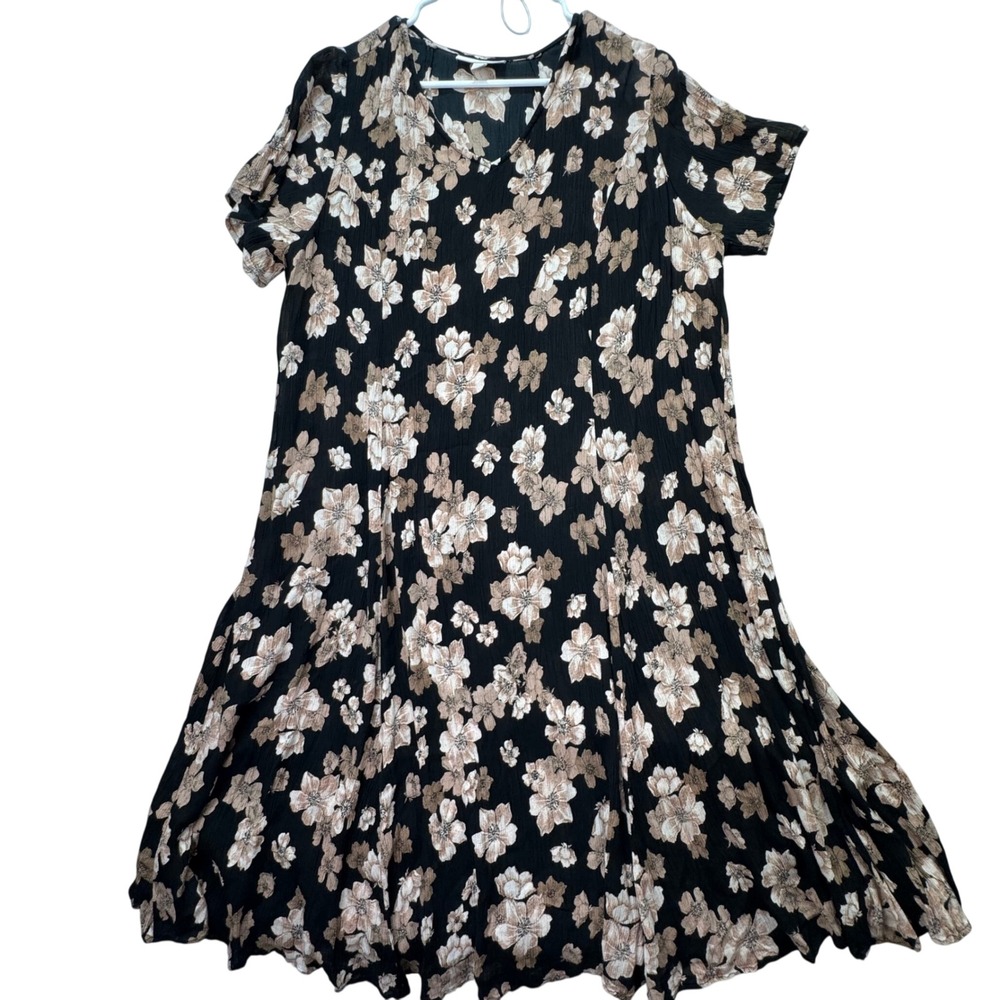 Woman Within Floral Dress Women 1X Black V-Neck A-Line Boho Cottage 22/24
